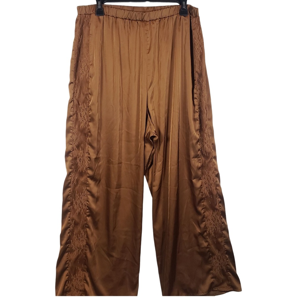 Sofia Intimates XL Satin Wide Leg Lounge Pants Brown Lace Trim Y2K Loungewear